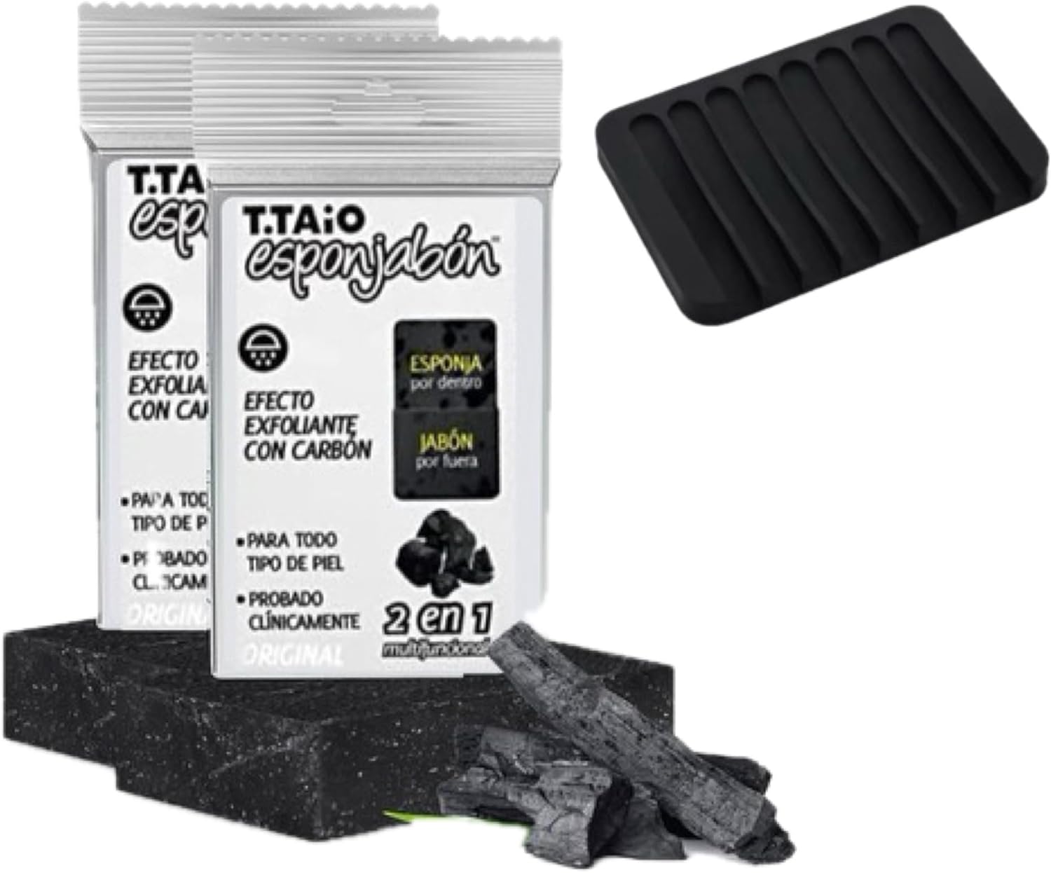 Charcoal Exfoliating Soap Sponge 2-Pack (T.Taio Esponjabon) + Soap Tray: Deep Cleansing