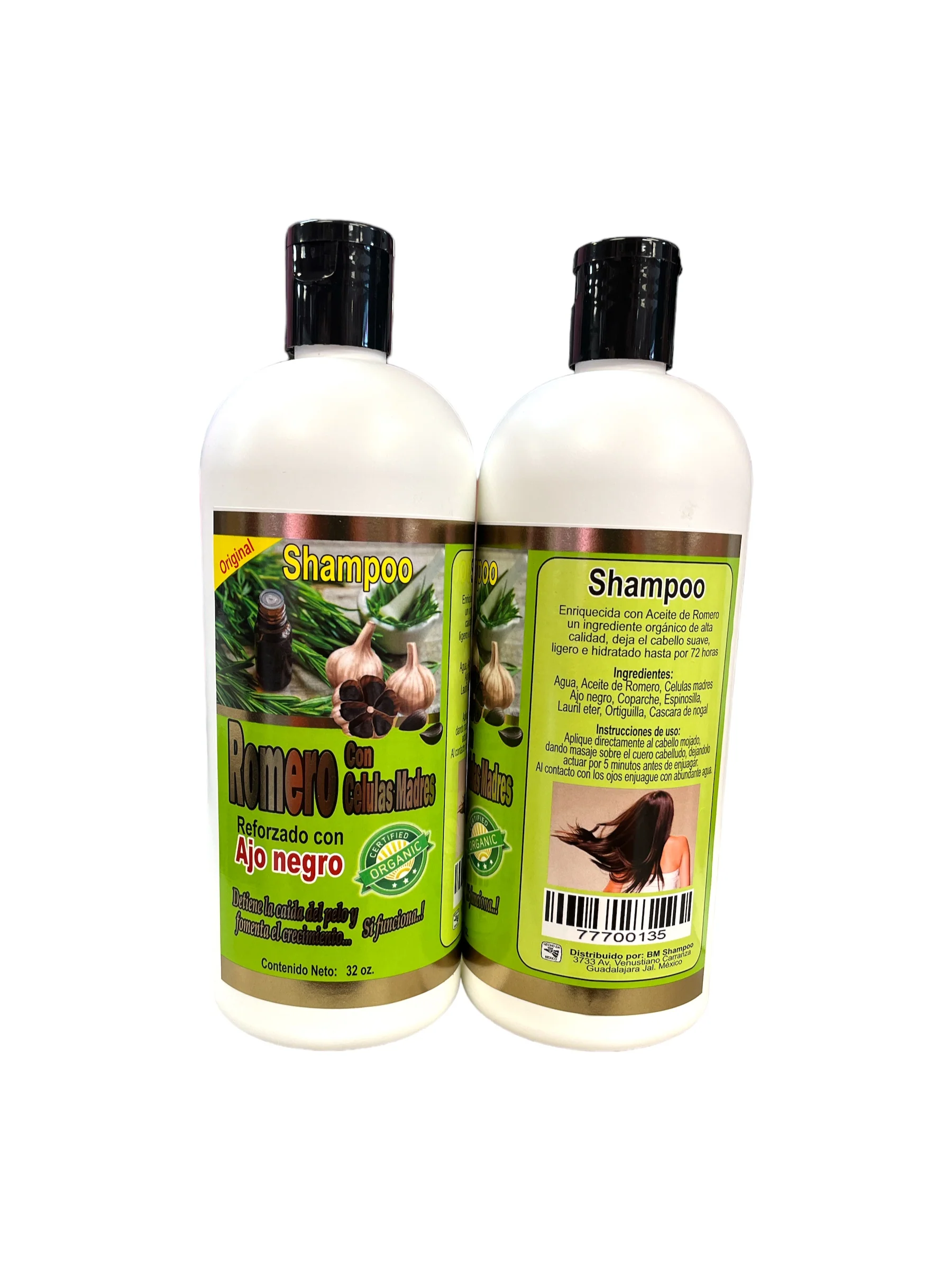 Shampoo de Romero con Células Madre y Ajo Negro para la Caída del Cabello, 2 Pack de 32 Oz