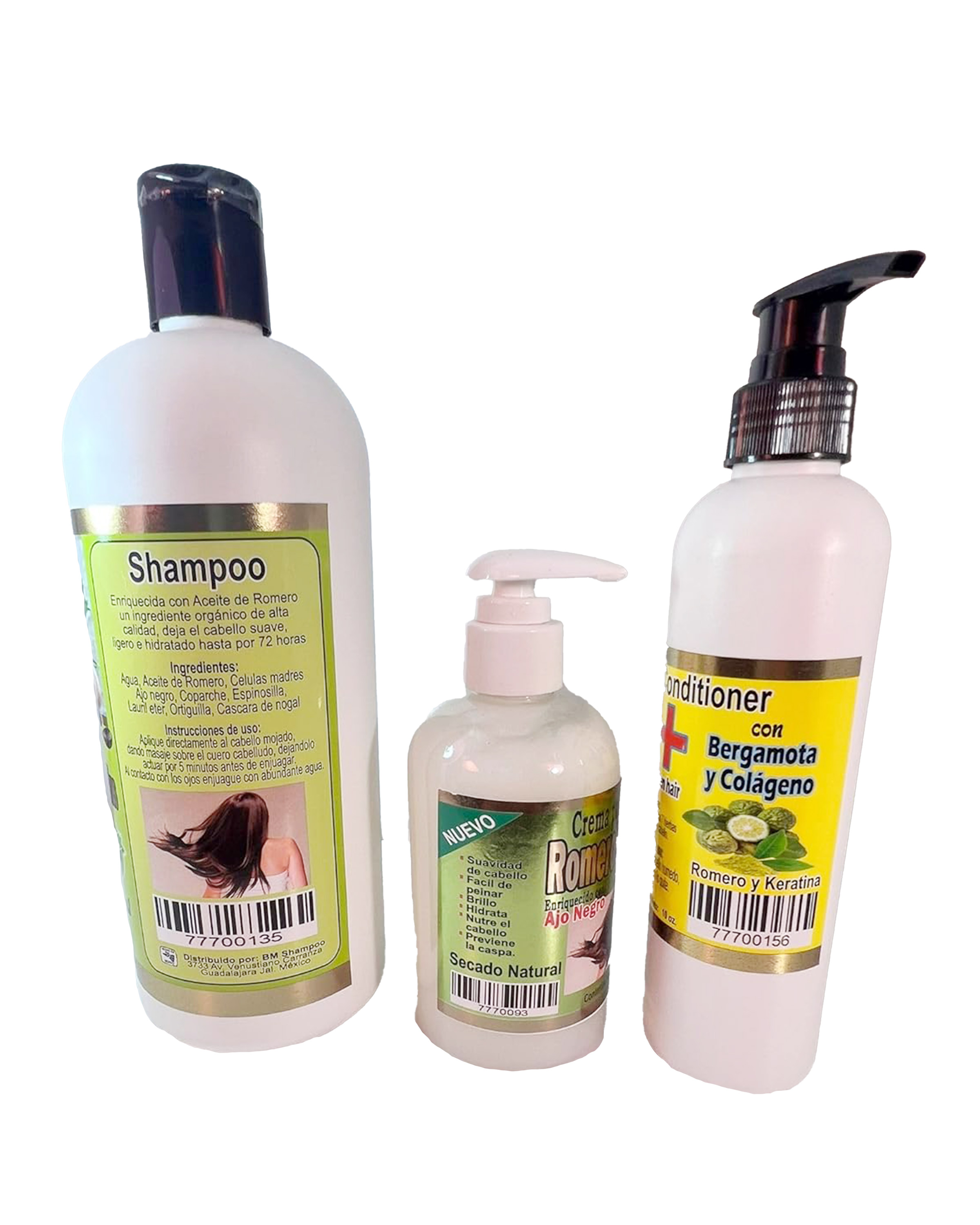 Natural Hair Growth Treatment Set: Rosemary, Black Garlic, Bergamot - Shampoo, Cream, Leave-in - 3 Piece - SET DE ROMERO