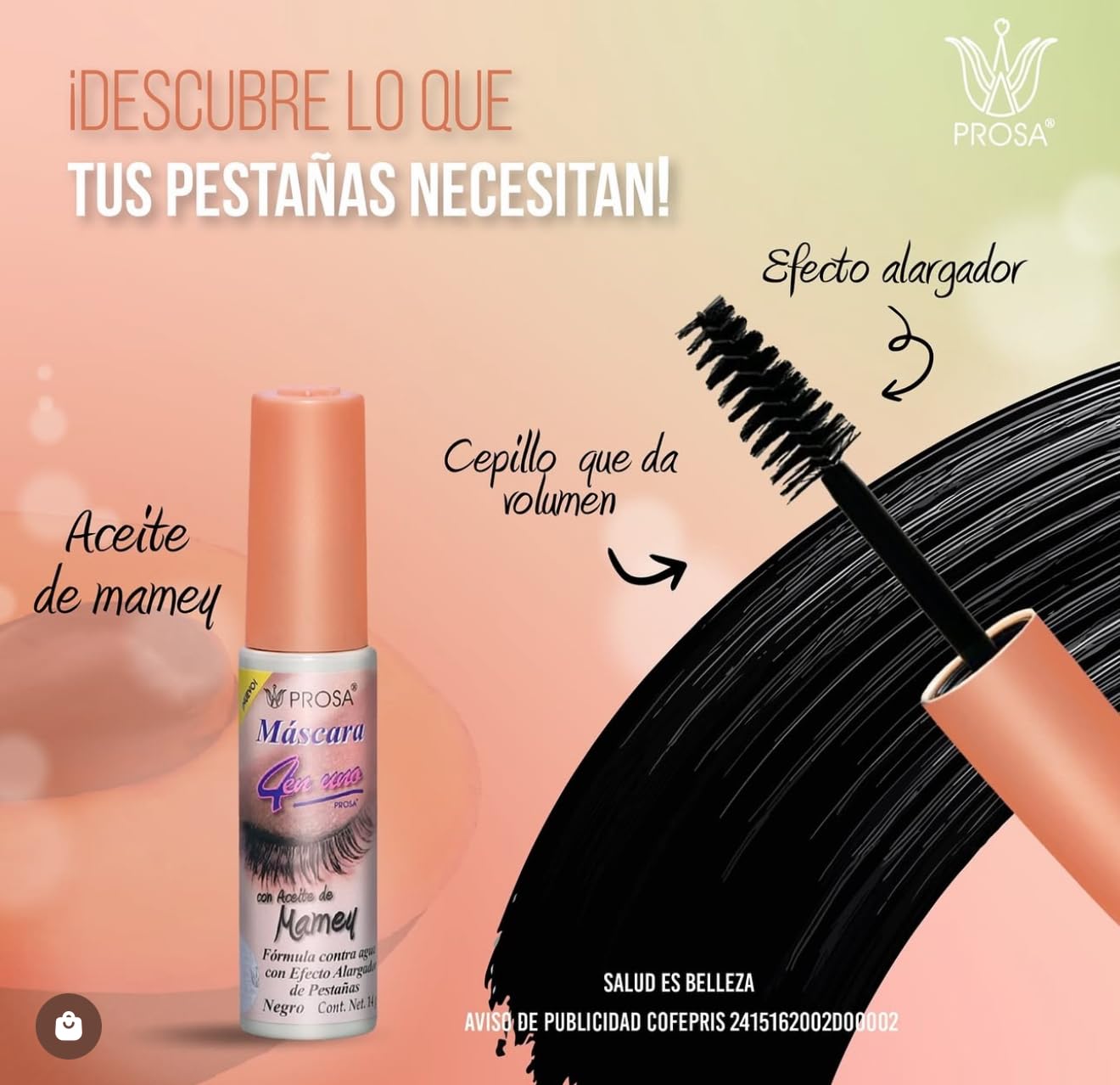 Máscara de Pestañas PROSA con Aceite de Mamey, Negro, 0.42 oz