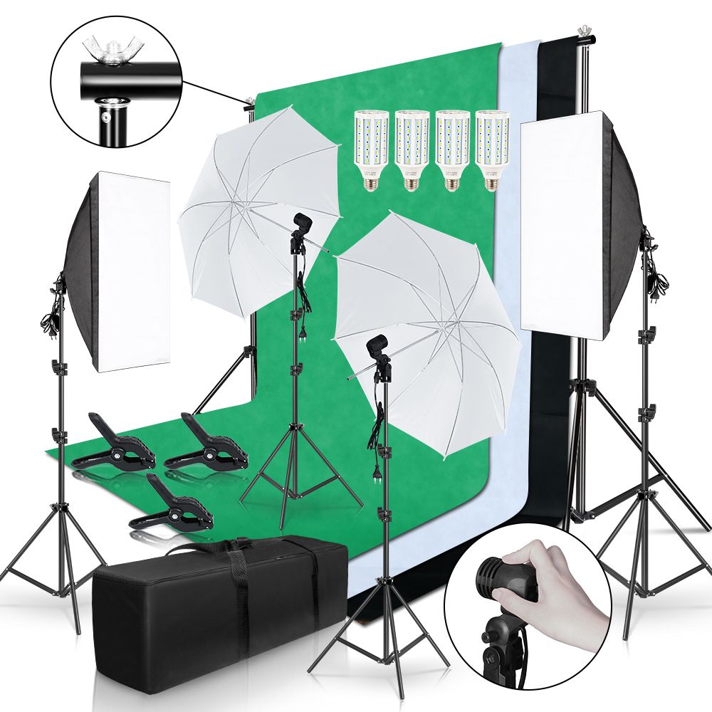 SH Photo Studio Lighting Kits 2x3M Background Frame With 3Pcs Backdrop Photography Light Softbox Reflect Umbrella Tripod Stand