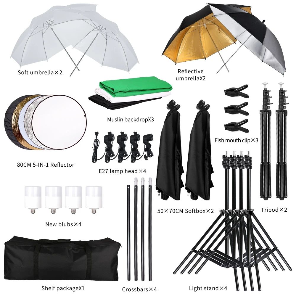 Photography Photo Studio Softbox Lighting Kit With 2.6x3M Background Frame 3pcs Backdrops Tripod Stand Reflector Board 4Umbrella