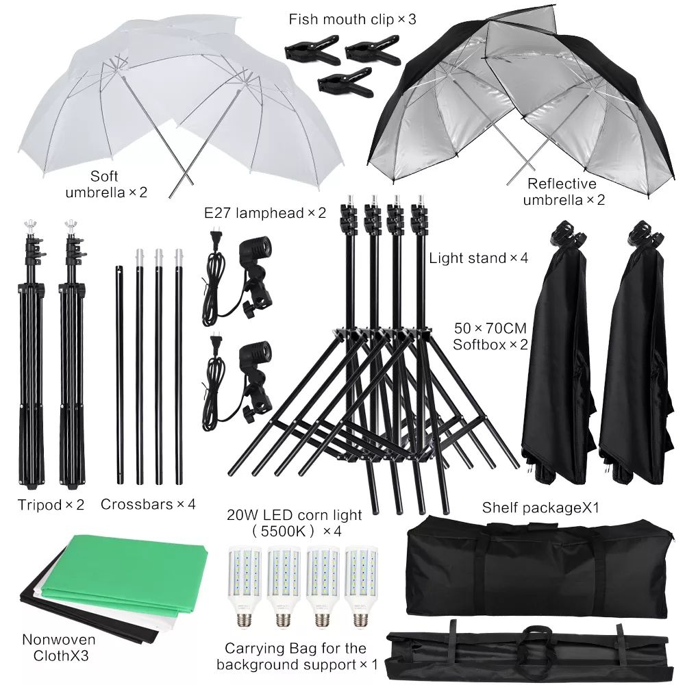 Photo Studio Kit Photography Softbox Lighting With 2x2M Background Frame 3pcs Backdrops Tripod Stand Reflector Board Umbrella