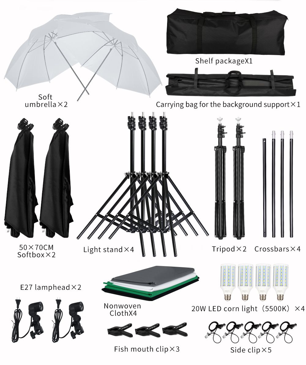 SH Photography Photo Studio Lighting Kit 2x3M Background Tripod Stand With 4Pcs Backdrop Portable Bag LED Light Softbox Umbrella