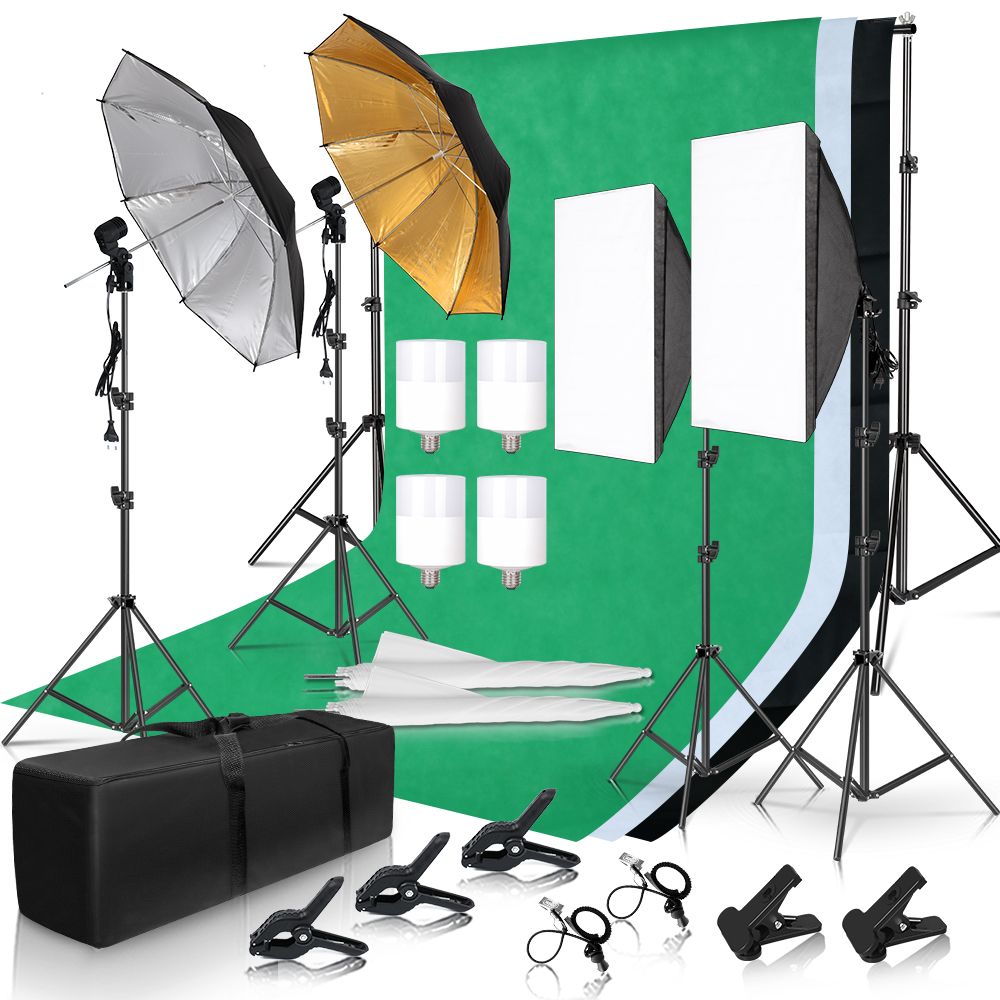 Photography Photo Studio Softbox Lighting Kit With 2x3M Backdrop Frame 4 Pcs 2M Tripod Stand 2 Pcs Soft Box Reflector 4 Umbrella