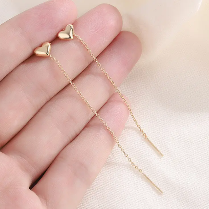 Teulrip Korean Heart-Shaped Titanium Steel Long Wire Ear Line Earrings for Girls & Women