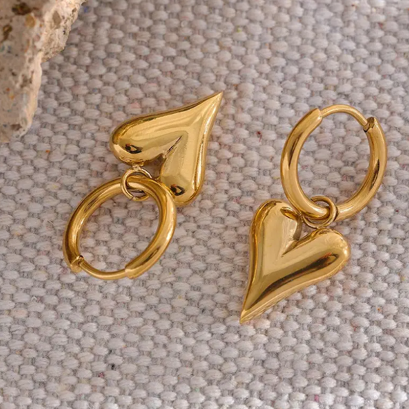 Teulrip Trendy Gold Plated Stainless Steel Heart Pendant Hoop Earrings for Girls & Women