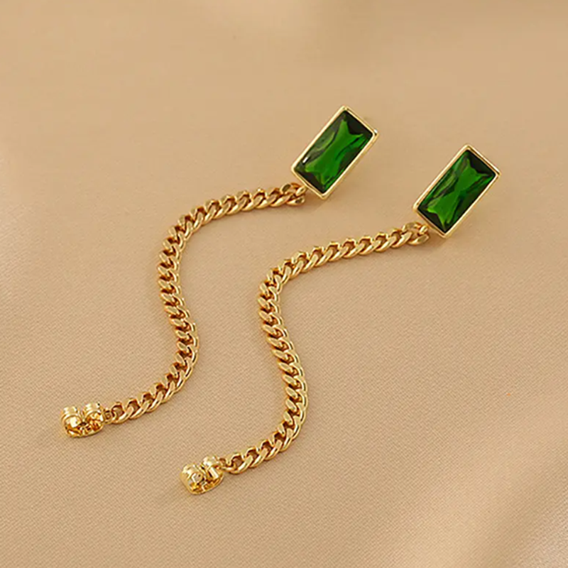 Teulrip Waterproof Stainless Steel Cuban Chain Earrings with Elegant Green Stone Jewelry for Girls & Women 