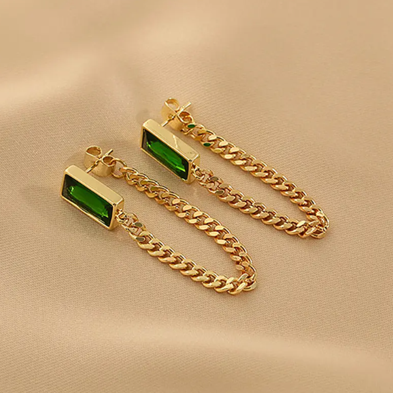 Teulrip Waterproof Stainless Steel Cuban Chain Earrings with Elegant Green Stone Jewelry for Girls & Women 