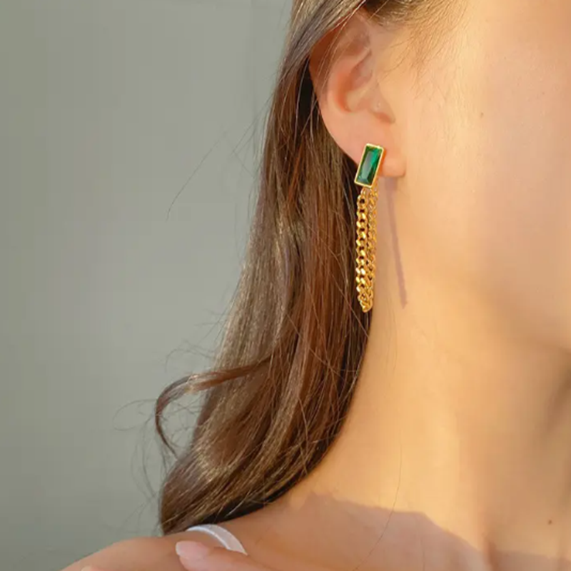 Teulrip Waterproof Stainless Steel Cuban Chain Earrings with Elegant Green Stone Jewelry for Girls & Women 