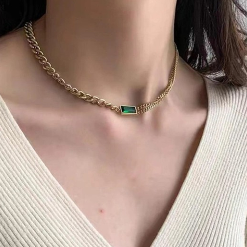 TEULRIP Stainless Steel Geometric Square Green Crystal Pendant Necklace for Girls & Women 