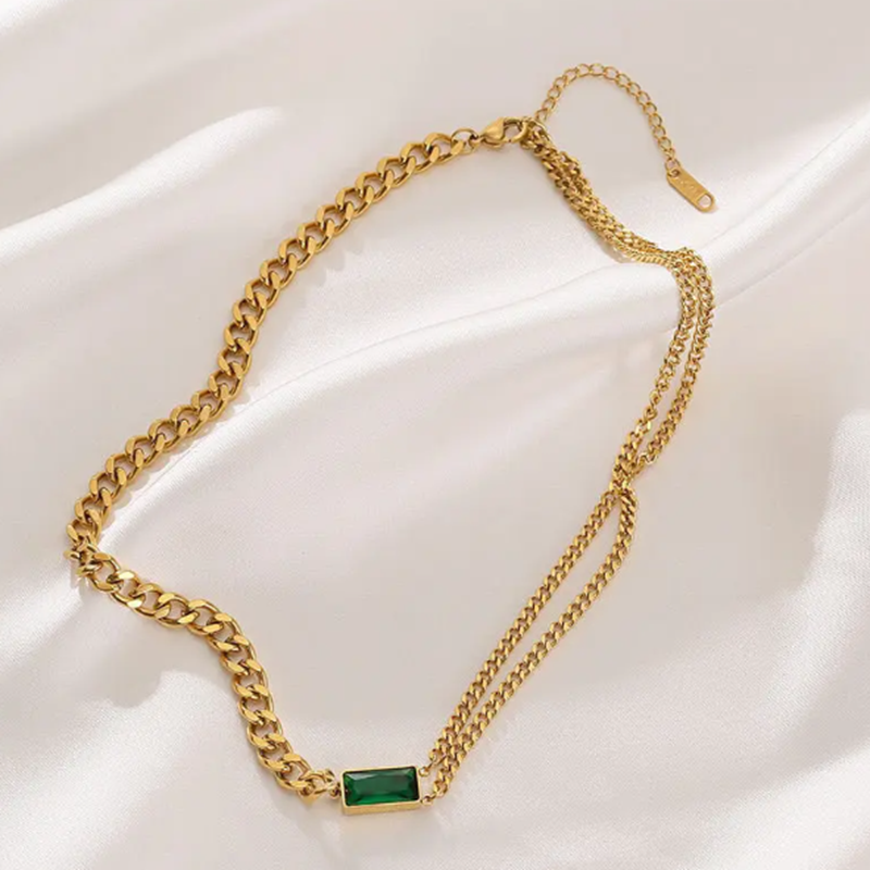 TEULRIP Stainless Steel Geometric Square Green Crystal Pendant Necklace for Girls & Women 