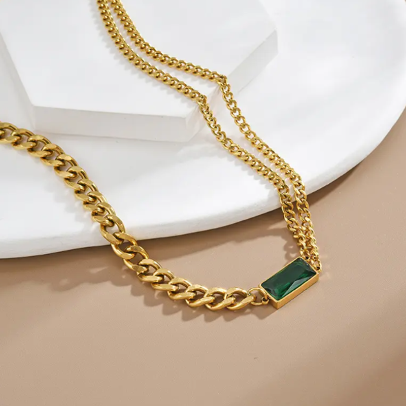 TEULRIP Stainless Steel Geometric Square Green Crystal Pendant Necklace for Girls & Women 