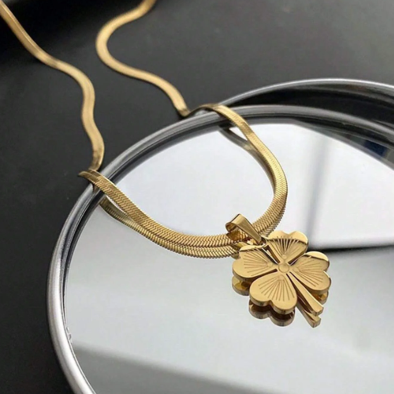 TEULRIP Stainless Steel Boho Snake Herringbone Blade Chain Necklace with Classic Clover Pendant for Girls & Women