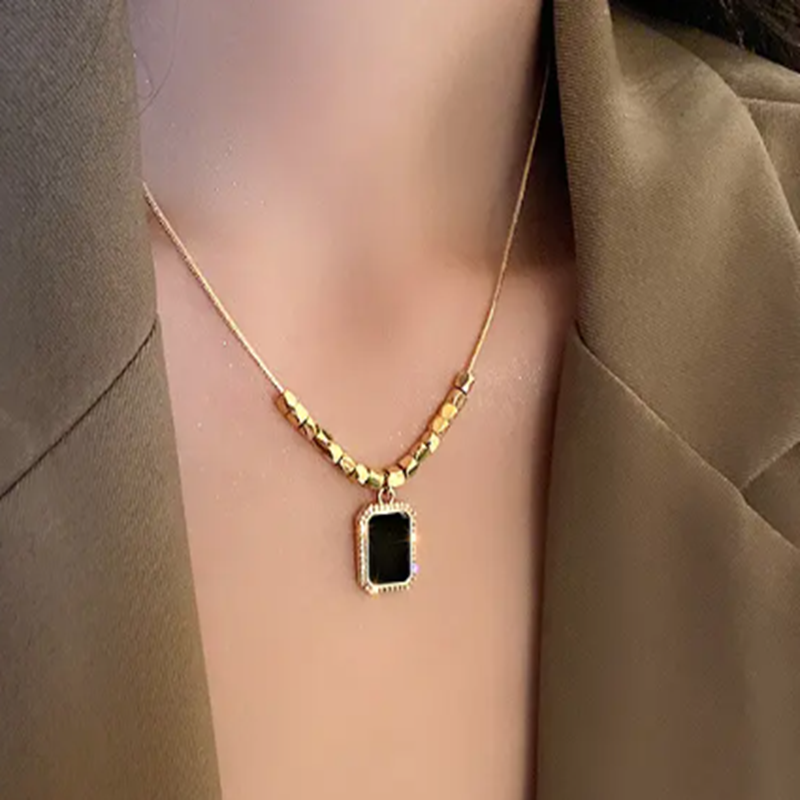 TEULRIP Black Block Pendant with Gold Beaded Snake Chain - Stainless Steel Necklace for Girls & Women