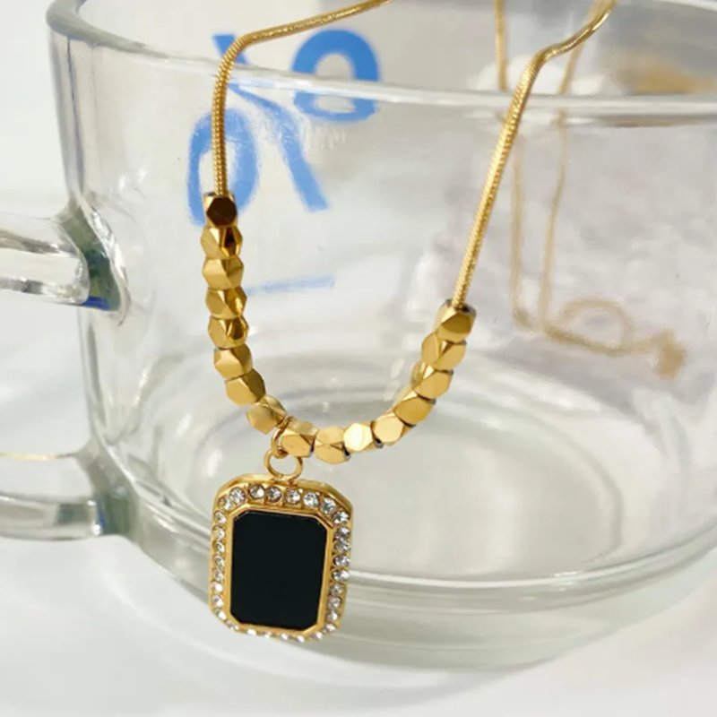 TEULRIP Black Block Pendant with Gold Beaded Snake Chain - Stainless Steel Necklace for Girls & Women