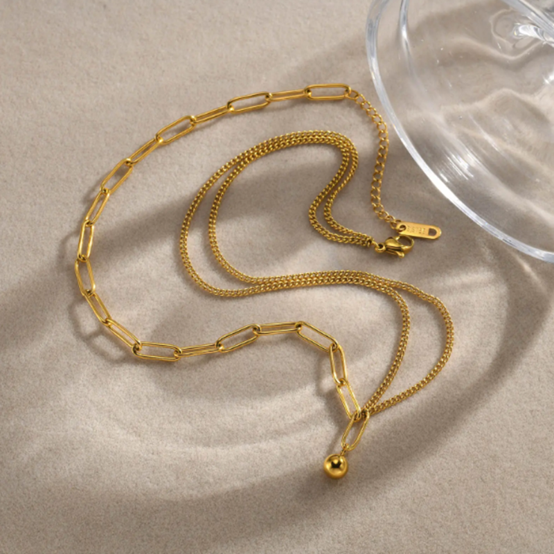 TEULRIP  Double Layer Clavicle Chain - Titanium Steel Necklace with Ball Pendant for Girls & Women