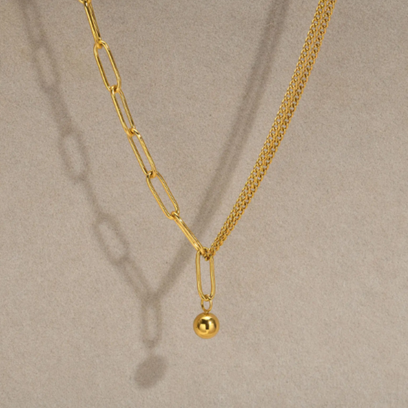 TEULRIP  Double Layer Clavicle Chain - Titanium Steel Necklace with Ball Pendant for Girls & Women