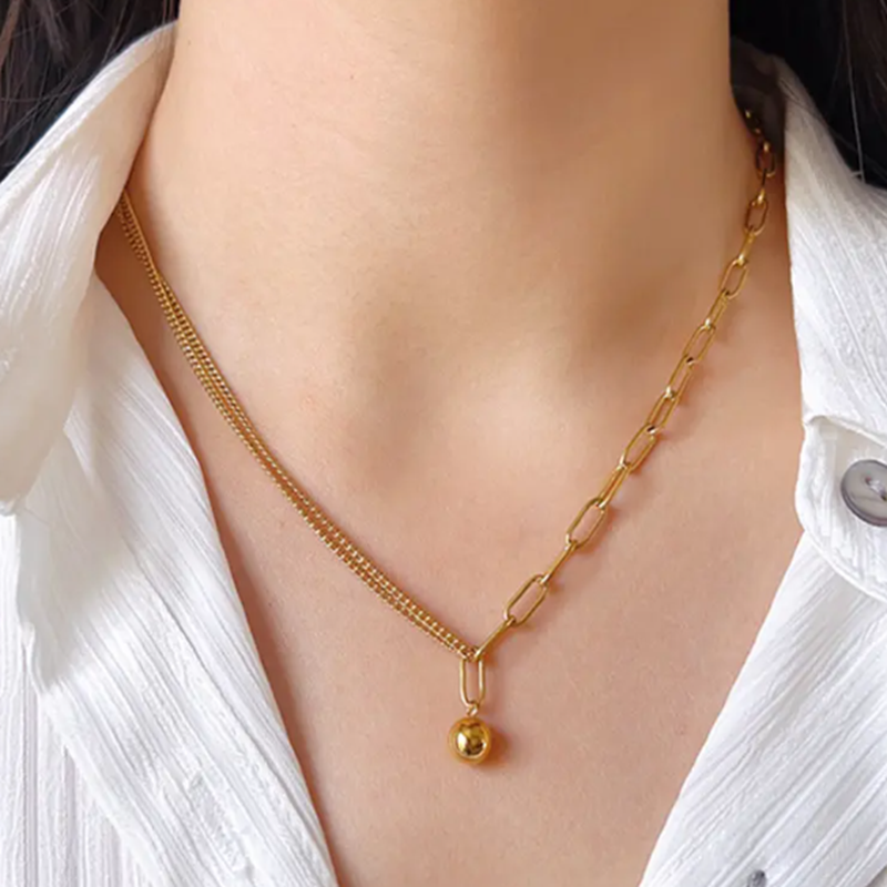 TEULRIP Double Layer Clavicle Chain - Titanium Steel Necklace with Ball Pendant for Girls & Women