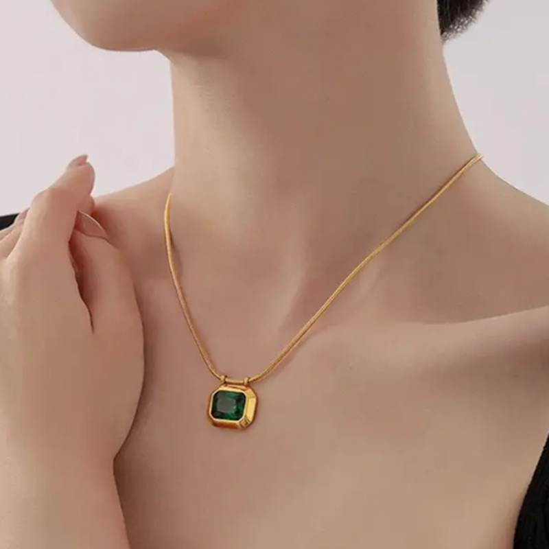 TEULRIP No-Fade Waterproof Stainless Steel Snake Chain Necklace Gold Plated Green Stone Cubic Zirconia Pendant for Girls & Women