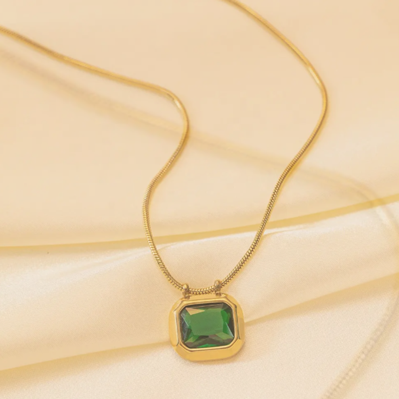 TEULRIP No-Fade Waterproof Stainless Steel Snake Chain Necklace  Gold Plated Green Stone Cubic Zirconia Pendant for Girls & Women