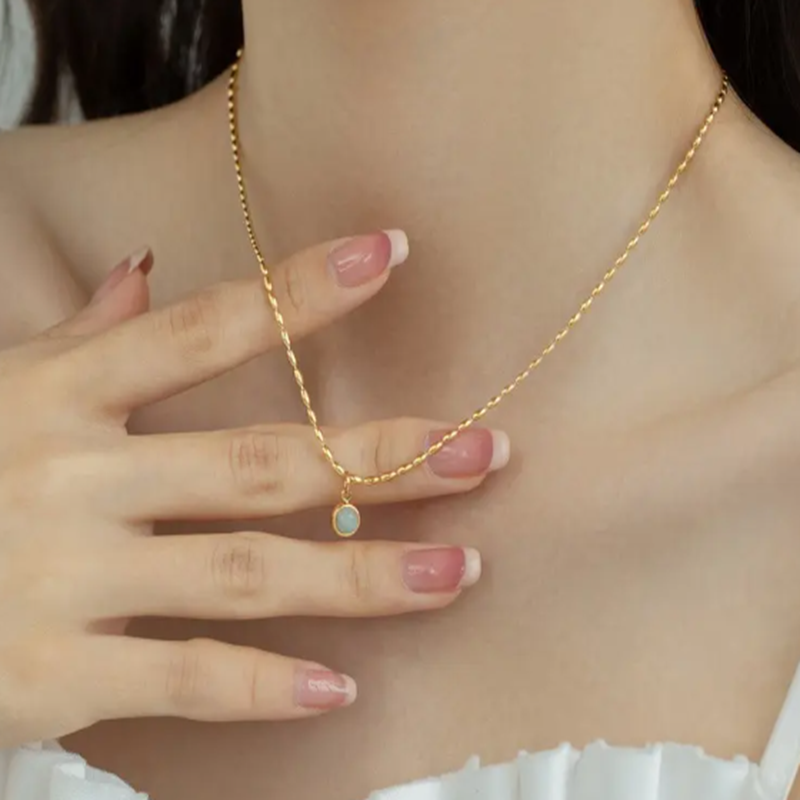 TEULRIP White Pearl Oval Beaded Pendant - Stainless Steel Clavicular Chain Necklace for Girls & Women