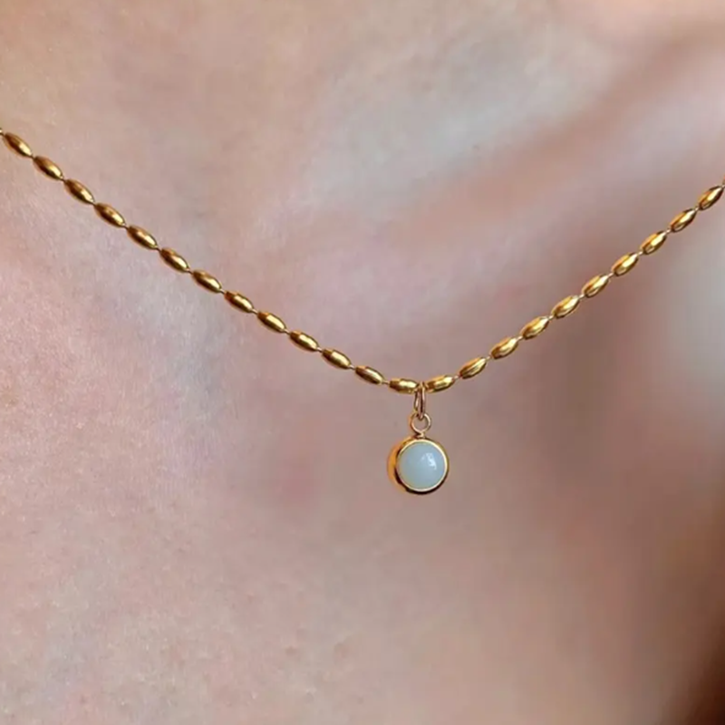 TEULRIP White Pearl Oval Beaded Pendant - Stainless Steel Clavicular Chain Necklace for Girls & Women