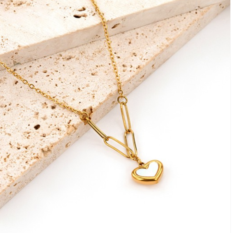 TEULRIP Chunky Stainless Steel -Paper Clip Chain -White Shell Heart Pendant Necklace for Girls & Women