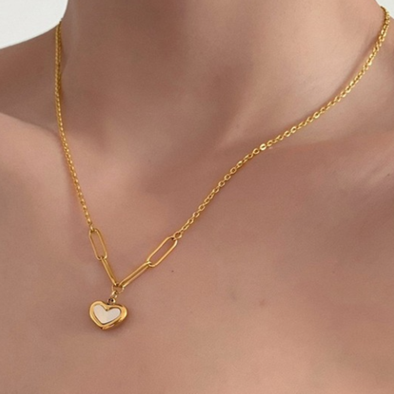 TEULRIP Chunky Stainless Steel -Paper Clip Chain -White Shell Heart Pendant Necklace for Girls & Women