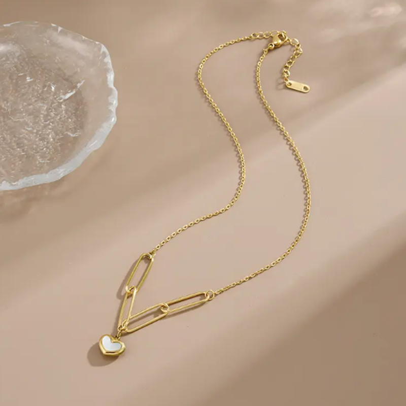 TEULRIP Chunky Stainless Steel -Paper Clip Chain -White Shell Heart Pendant Necklace for Girls & Women