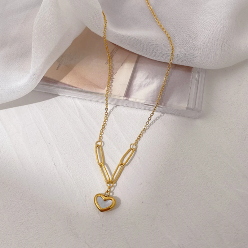 TEULRIP Chunky Stainless Steel -Paper Clip Chain -White Shell Heart Pendant Necklace for Girls & Women