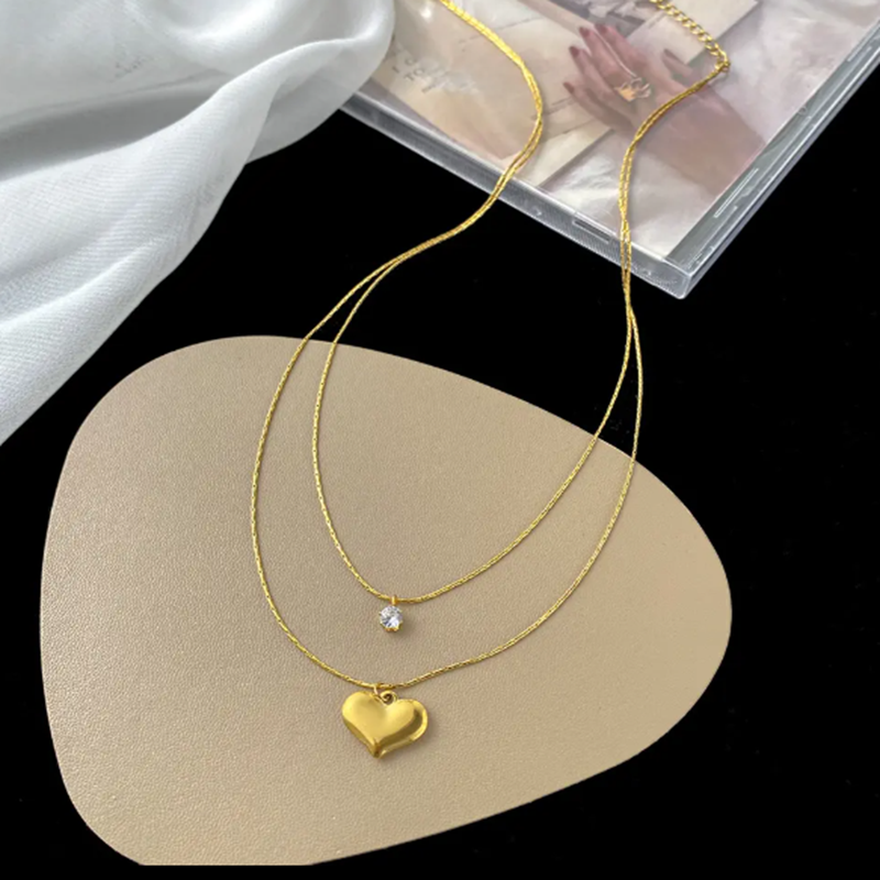 TEULRIP Double Layer Chain Charm Necklace - Gold Plated Stainless Steel Heart Pendant with Cubic Zirconia Stone for Girls & Women