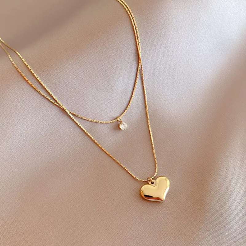 TEULRIP Double Layer Chain Charm Necklace - Gold Plated Stainless Steel Heart Pendant with Cubic Zirconia Stone for Girls & Women