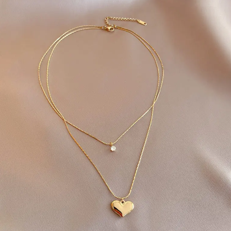 TEULRIP Double Layer Chain Charm Necklace - Gold Plated Stainless Steel Heart Pendant with Cubic Zirconia Stone for Girls & Women