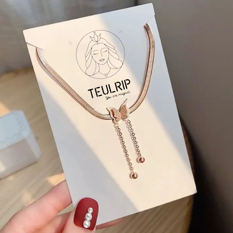 TEULRIP Rose Gold Stainless Steel Flat Snake Chain -Matting Butterfly Long Tassel Necklace for Girls & Women