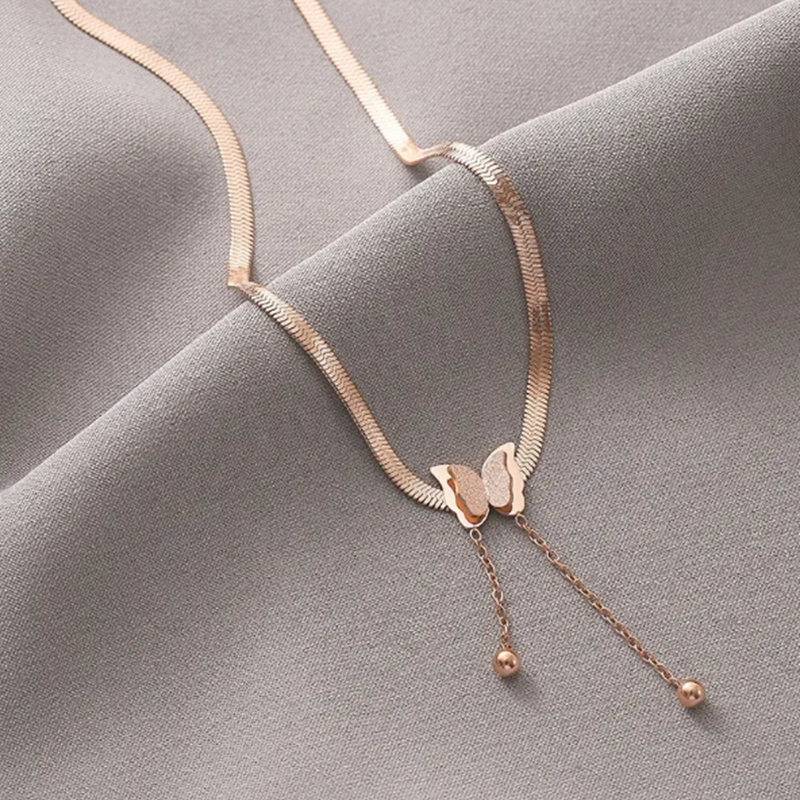 TEULRIP Rose Gold Stainless Steel Flat Snake Chain -Matting Butterfly Long Tassel Necklace for Girls & Women