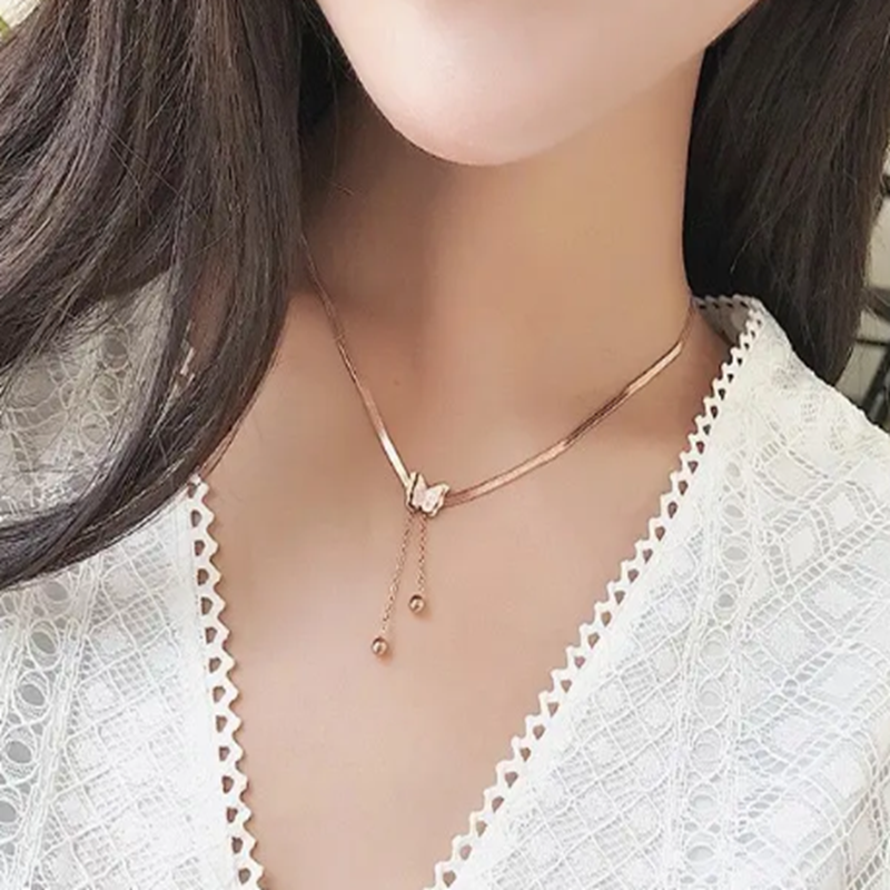 TEULRIP Rose Gold Stainless Steel Flat Snake Chain -Matting Butterfly Long Tassel Necklace for Girls & Women