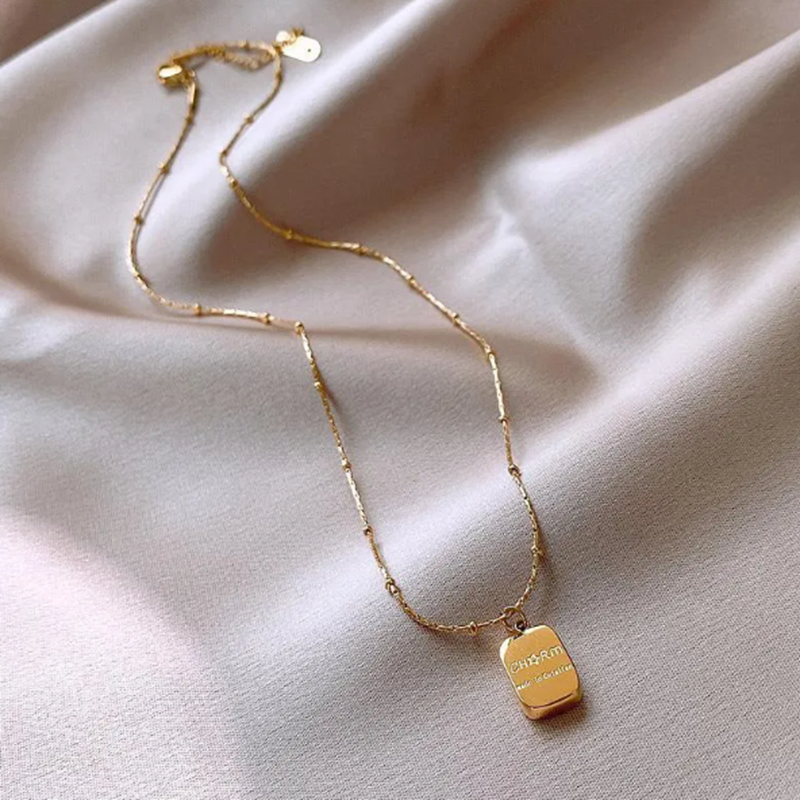 TEULRIP Gold-Plated Square & Round Beaded - Charm Letters Necklace - Titanium Steel Personalized Jewelry 