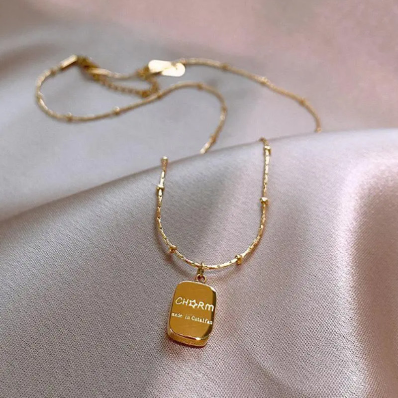 TEULRIP Gold-Plated Square & Round Beaded - Charm Letters Necklace - Titanium Steel Personalized Jewelry 