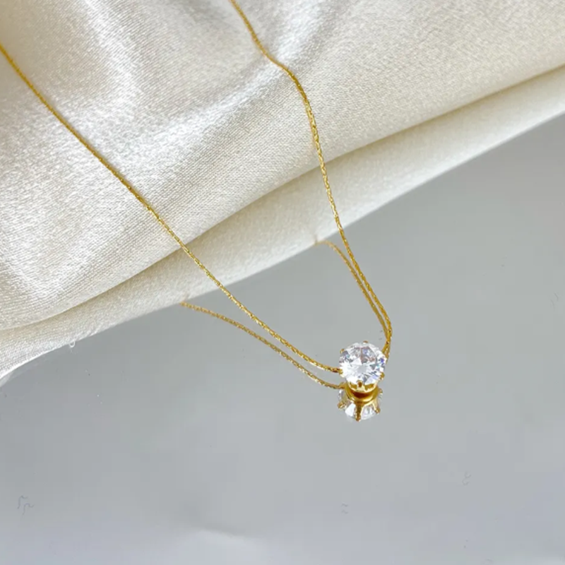 TEULRIP Stainless Steel Cubic Zircon Keel Diamond Necklace - Elegant Jewelry for Girls & Women