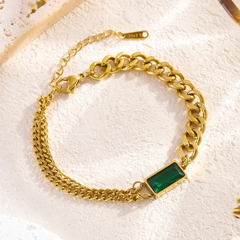 TEULRIP Anti Tarnish- Stainless Steel Green Diamond Cuban Chain Bracelet – Trendy & Durable Jewelry 