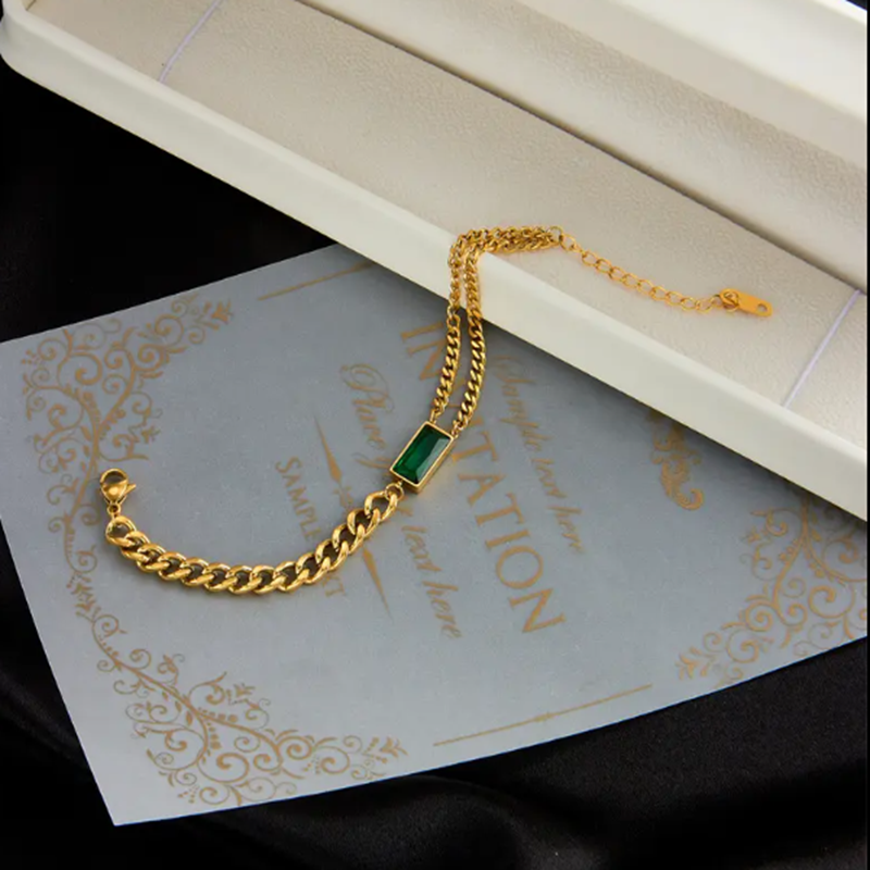 TEULRIP Anti Tarnish- Stainless Steel Green Diamond Cuban Chain Bracelet – Trendy & Durable Jewelry 