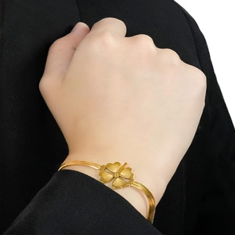 TEULRIP Titanium Steel Flat Snake Bracelet Four-Leaf Clover Design, Durable & Anti Tarnish Jewelry