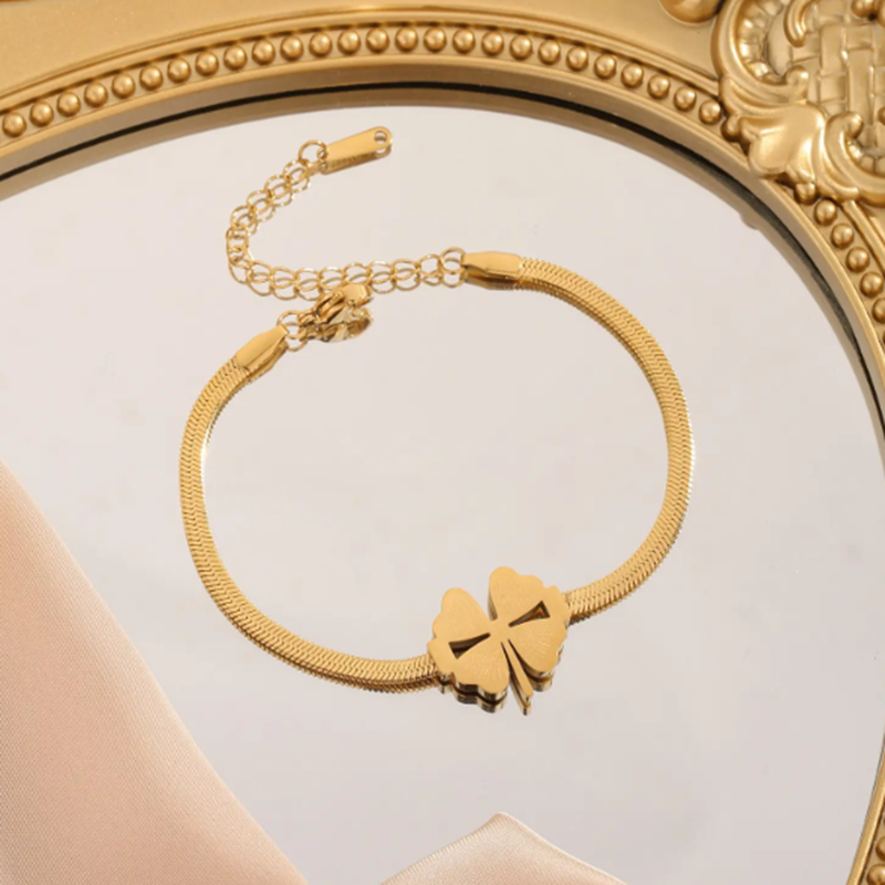 TEULRIP  Titanium Steel Flat Snake Bracelet Four-Leaf Clover Design, Durable & Anti Tarnish Jewelry 