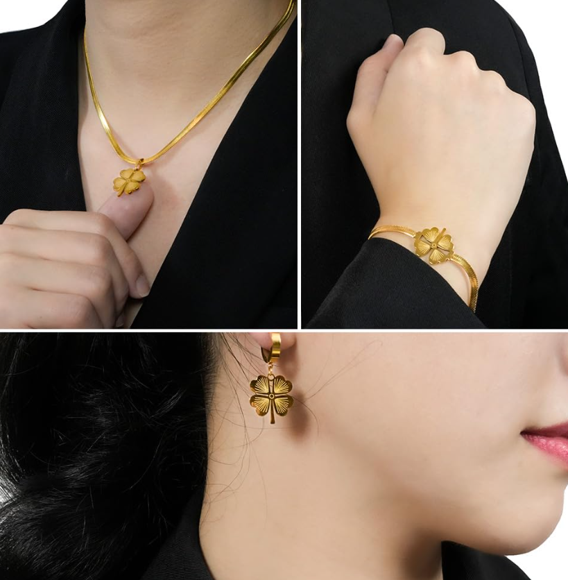 TEULRIP Anti-Tarnish Valentine Combo Set for Her – Stainless Steel Boho Snake Chain Clover Necklace, Titanium Steel Clover Earrings & Four-Leaf Clover Bracelet