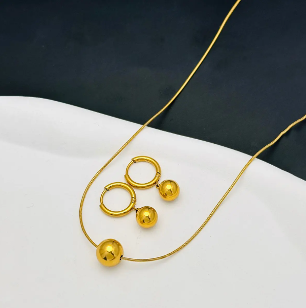 TEULRIP Anti-Tarnish Combo Set for Her – Stainless Steel Gold Plated Ball Necklace & Ball Earrings 