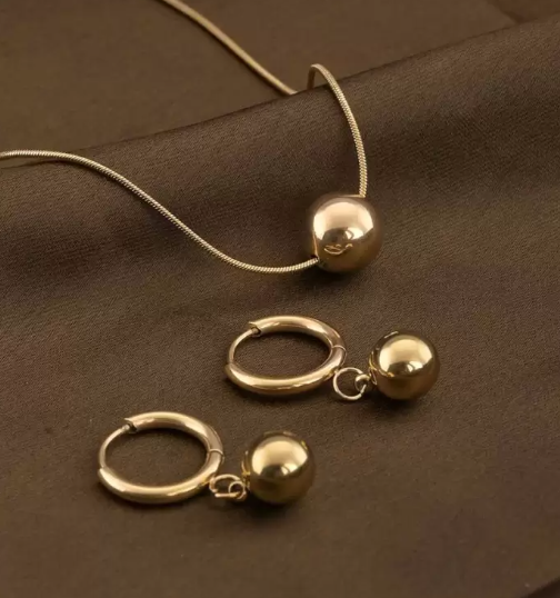 TEULRIP Anti-Tarnish Combo Set for Her – Stainless Steel Gold Plated Ball Necklace & Ball Earrings 