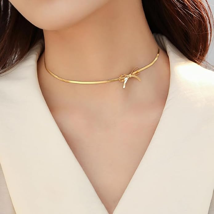 TEULRIP Anti-Tarnish Combo Set for Her – Gold Plated Stainless Steel Bow Knot Snake Chain Choker Necklace & Titanium Steel Bow Stud Earrings