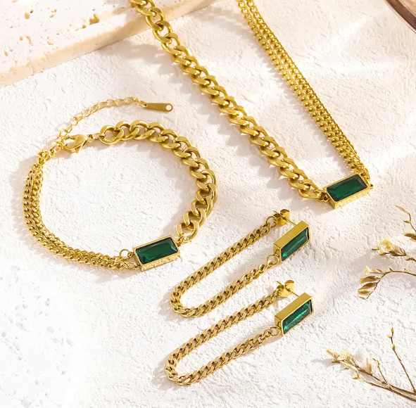 TEULRIP Anti-Tarnish Combo Set for Her – Stainless Steel Square Green Crystal Pendant Necklace, Cuban Chain Bracelet & Cuban Chain Earrings