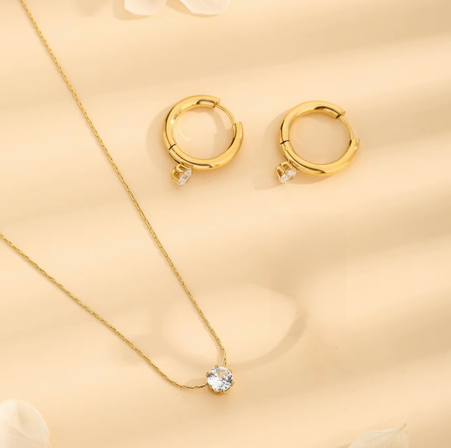 TEULRIP Anti-Tarnish Combo Set for Her – Gold Plated Stainless Steel Cubic Zircon Diamond Necklace & Titanium Steel Diamond Hoop Earrings